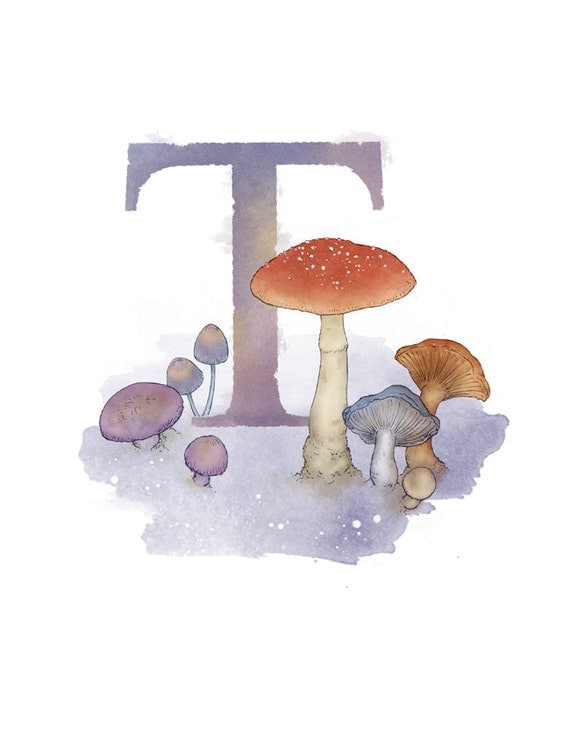 Letter T, Toadstool, Nature Alphabet Initial Nursery Home Decor 8.5 x 11