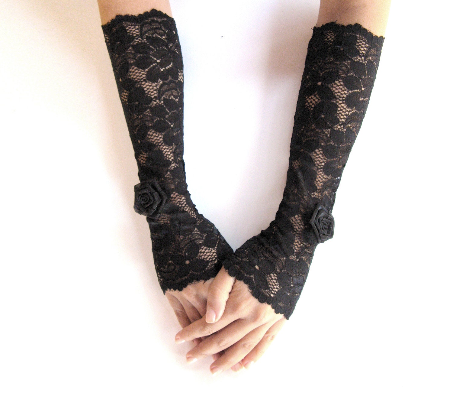 Black lace gloves long mittens fingerless cuffs by MySecretFace