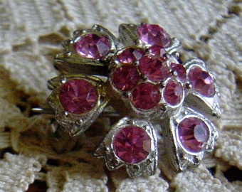Vintage 1940s Pink Rhinestone Flower Brooch