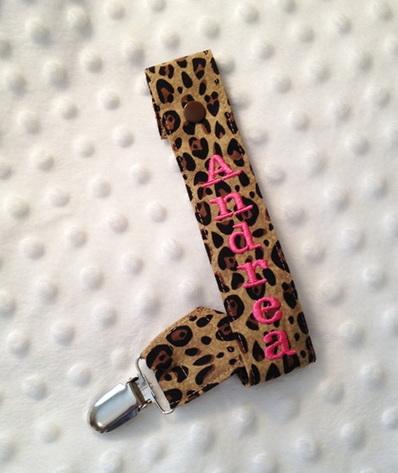 Leopard print Personalized Pacifier Clip by nanagcreations on Etsy