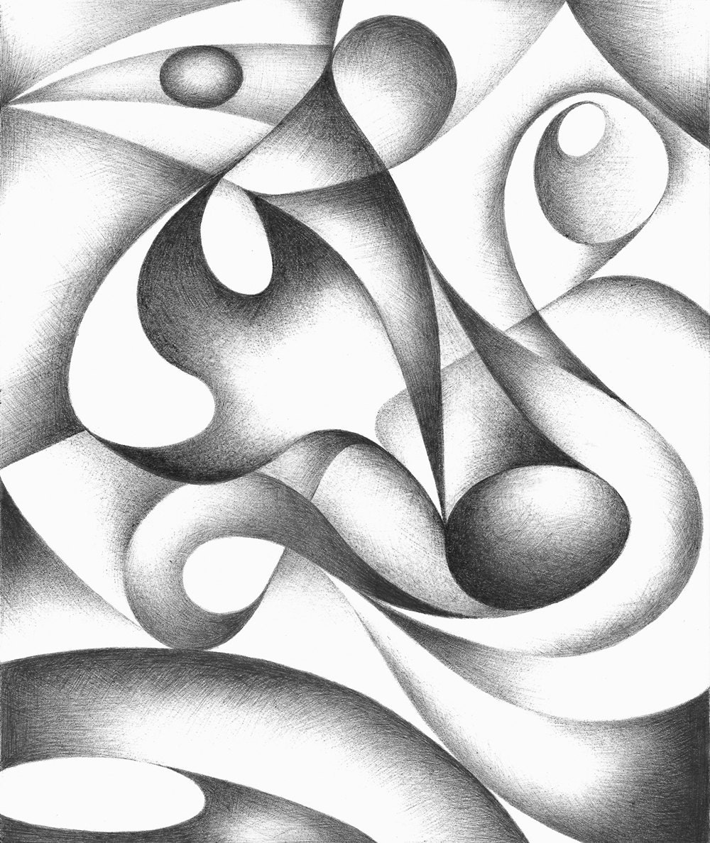 Original abstract  drawing black and white geometric freehand