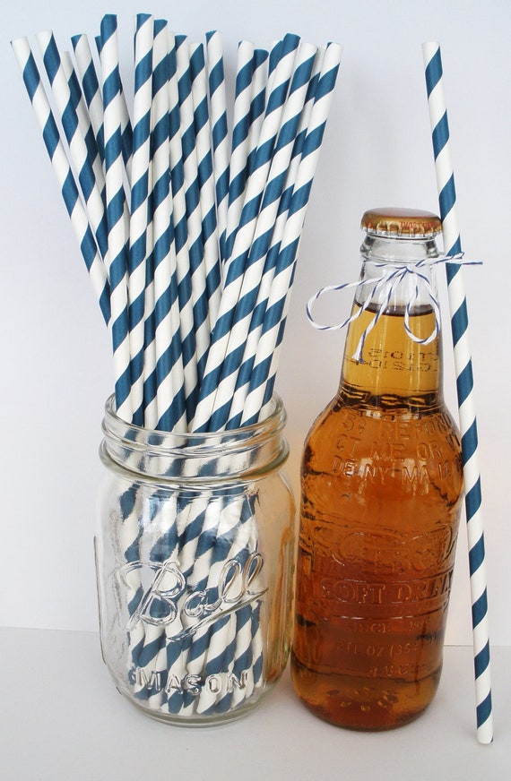 25 Extra Long NAVY Stripe Paper Straws 10.5
