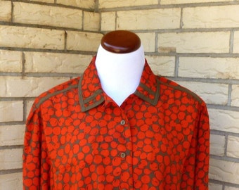 1980s Howard Wolf Cherry Print Career Blouse Red Brown Button Front Silky Womens Vintage Medium SALE