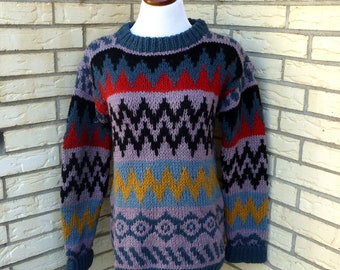 1980s Ski Sweater Oversized Southwest Print Long Chunky Knit Chevron Womens Vintage Medium SALE