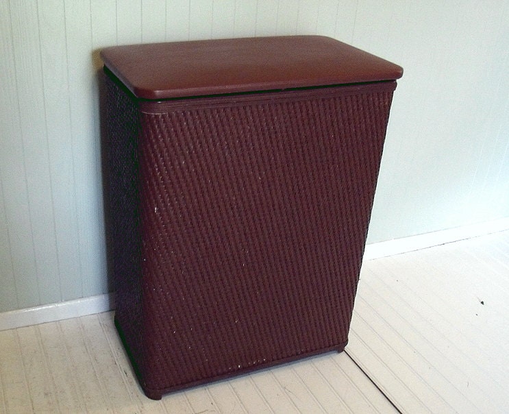 Vintage Large Brown Wicker & Wood Clothes Hamper Original