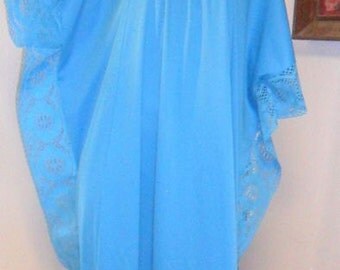 Vtg 70's Turquoise Caftan Maxi Dress Lace Trim