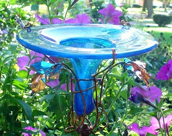 HUMMINGBIRD FEEDER, stained glass, copper, Teal Blue, Bird Feeder, garden decor, garden stake