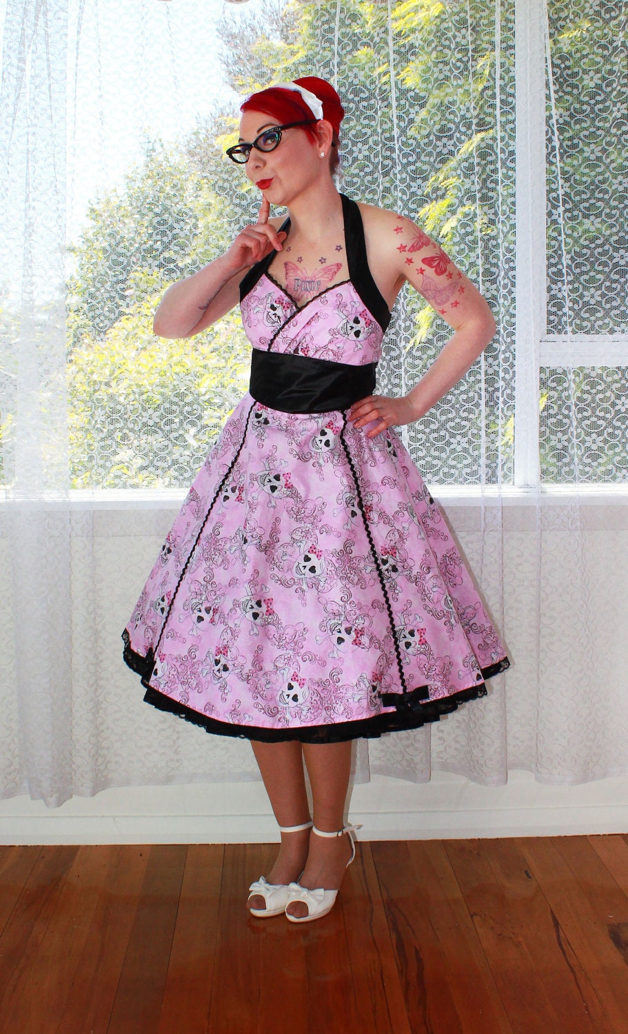 Rockabilly Pink Skull Dress 'Jessie' with Black by PixiePocket