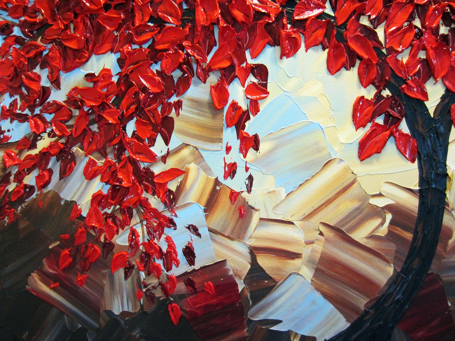 Original Art Abstract Painting Red Tree of Life Landscape