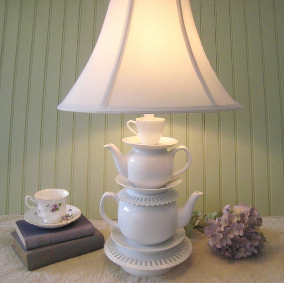 Teapot Lamp White Stacked Tea Cup and Reticulated by ThistleandJug