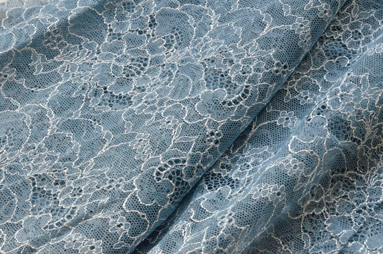 Steel Blue Dark Teal Blue Chantilly Lace Fabric Embroidered