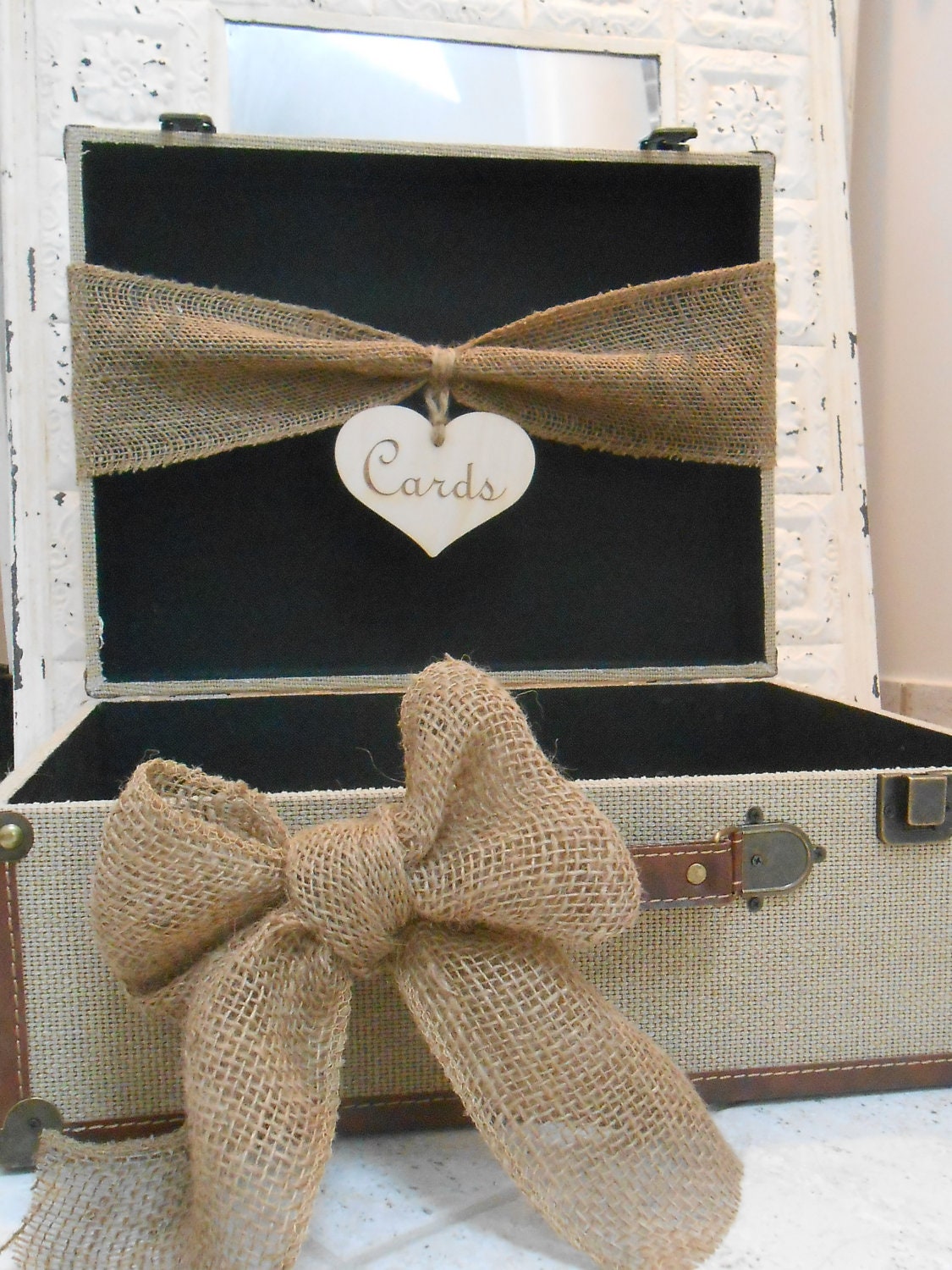 Burlap Suitcase Wedding Card Box   Wedding Cardholder   Card