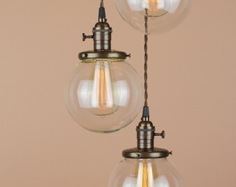 Chandelier Lighting - Pendant Lights w/ 6 inch Clear Glass Globes, Edison Light Bulbs - Oil Rubbed Bronze Finish - Antique Reproduction Wire