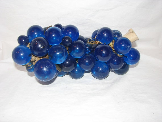 Vintage Glass Grape Cluster on Real Driftwood 1960's Blue