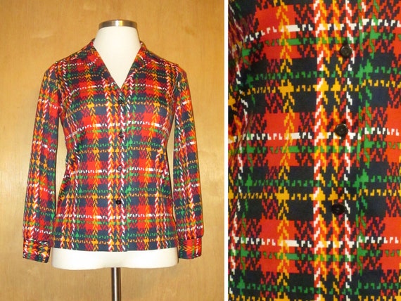 70s Vtg Red Navy Blue Green Mustard Yellow PLAID Houndstooth