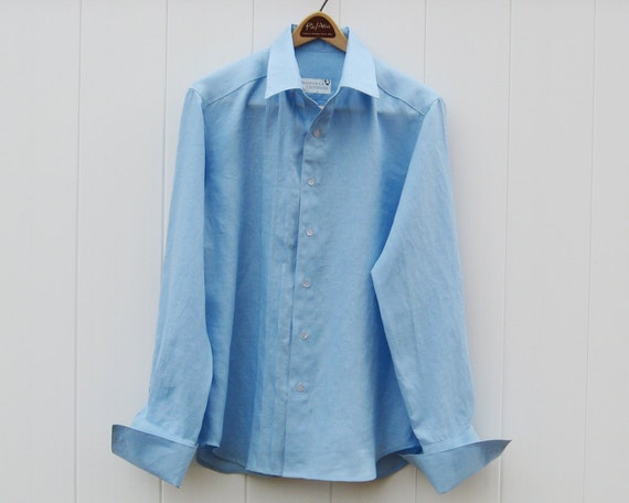 Cool Blue Linen Mens Shirt with French Cuffs Custom and