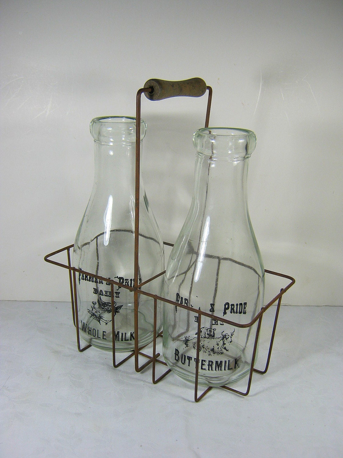 Vintage Bottle Carrier Metal with 2 Glass Milk Bottles