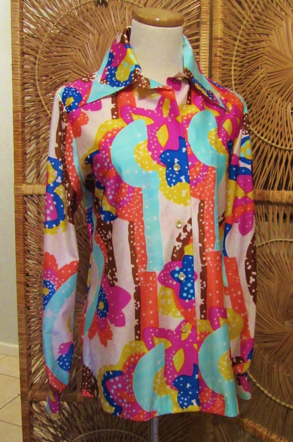 Vintage 1970s Quiana Blouse-Lady Arrow Brand-Wild Psychedelic