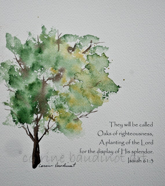 Oak tree watercolor painting. Green gold and brown with Bible