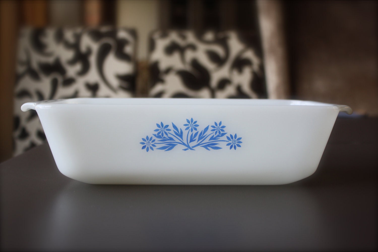 Ovenware Milk Glass Loaf pan with Sprig of Blue by BeggarsBanquet