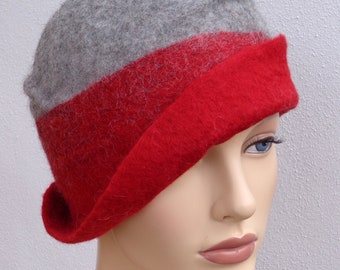 Flapper felt hat, assymetrical retro hat, red and gray felt cloche, 1920s inspired hat, winter hat, Great Gatsby hat