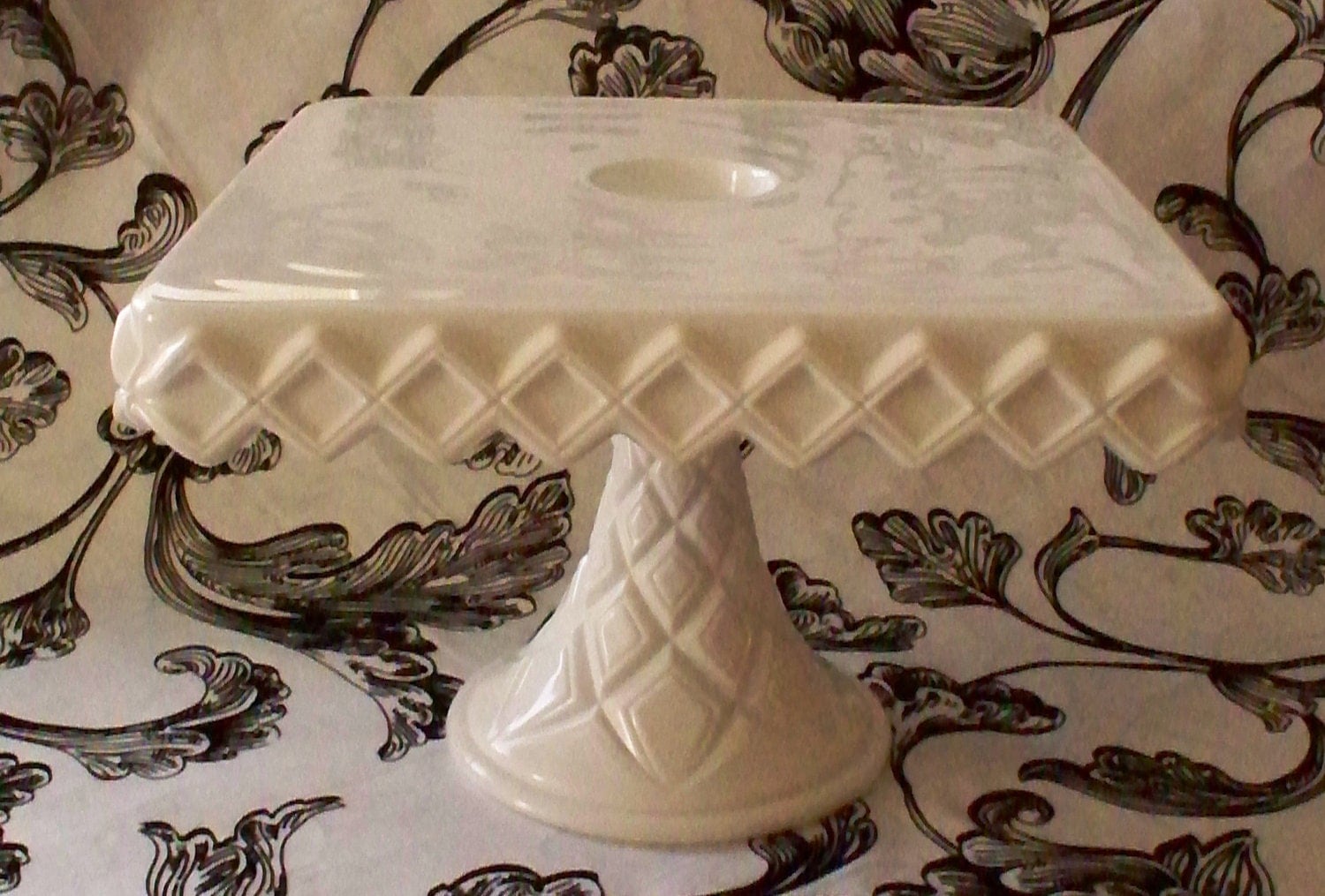 Fostoria Cake Stand Square White Milk Glass Ruffled Diamond