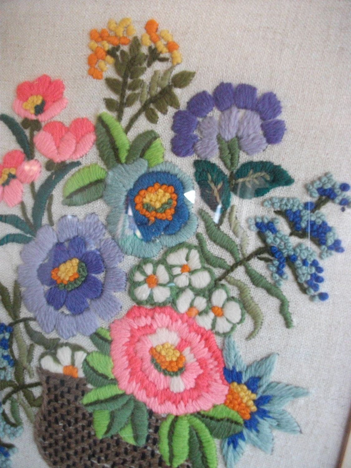 Vintage Framed Embroidery Crewel Needlework Picture Flowers