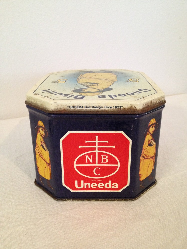 Vintage Uneeda Biscuit Tin Blue and Yellow by TheLittleThingsVin