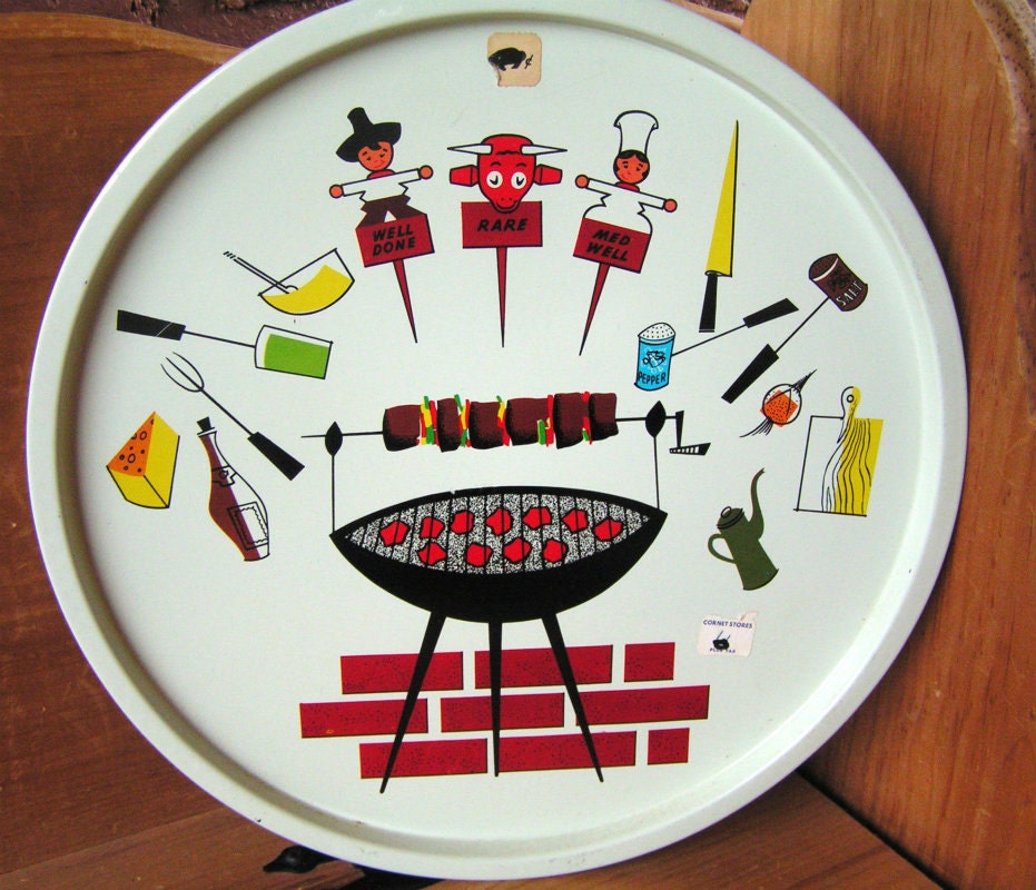 BBQ Serving Tray Vintage 50s Kitsch Barbecue Tin Grill