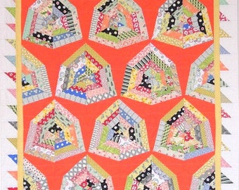 Orange Retro Quilt, Wall Quilt, Lap Quilt, Modern Quilt, String Quilt, Scrap Quilt, 45" x 57", Diamond Dish, Quiltsy