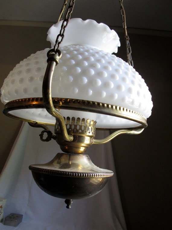 Colonial Brass Hanging Lamp w/ Frosted Hurricane and White