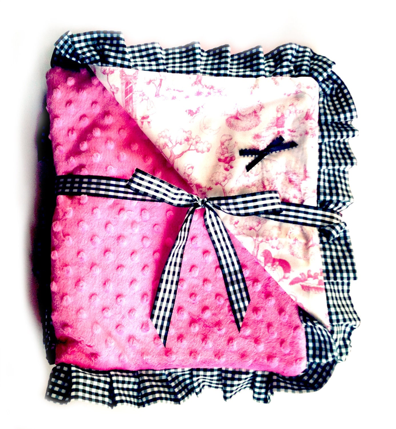 Pink Toile Black Gingham Ruffle with minky Baby Blanket for