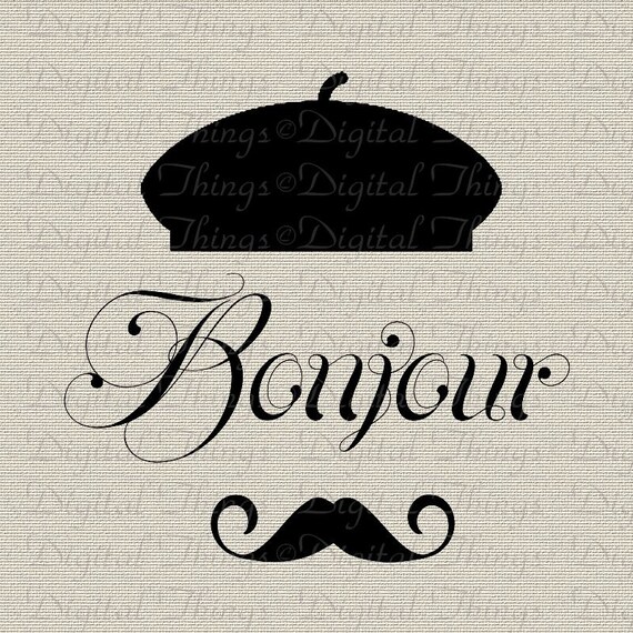 Bonjour Mustache French Script French Decor by DigitalThings