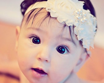 Shabby Chic Vintage Ivory Chiffon Headband with crystal pearl button on the center , baby girl toddler infant Children headband, baby bow