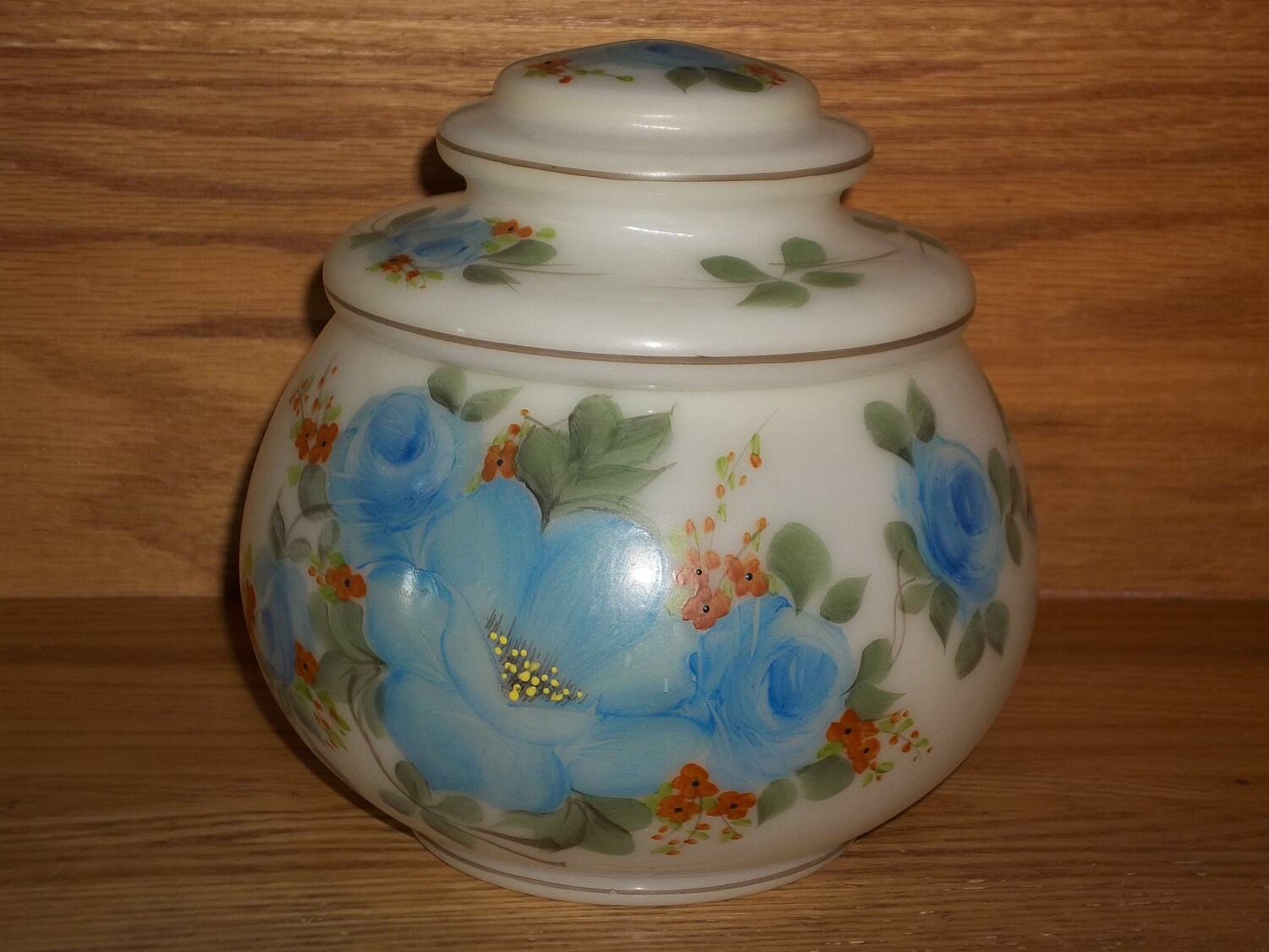 Antique Milk Glass Biscuit JarHand Painted... Good