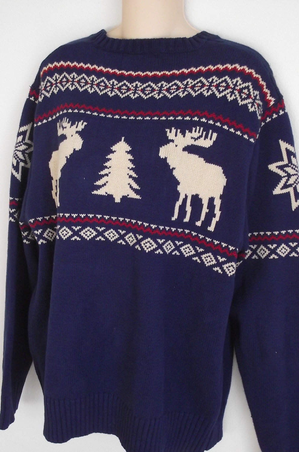 Vintage Christmas Sweater moose nordic trees men women L XL