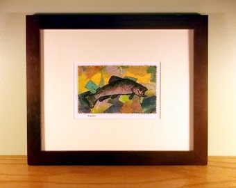 Matted fiber art, abstract background and fish sketch