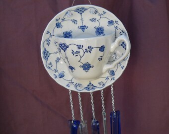Collectable Shabby Chic Tea Cup and Saucer, Glass Wind Chime, Glass Yard Art, Hostess Gift, Home Decor, Outdoor or Window Art, Housewarming