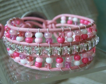 Lovely bubble gum Pink Leather Cuff with Glass Beads