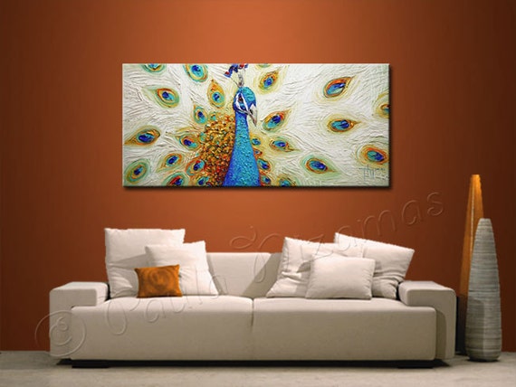 ORIGINAL PEACOCK Art LARGE Turquoise Blue Peacock Painting Oil