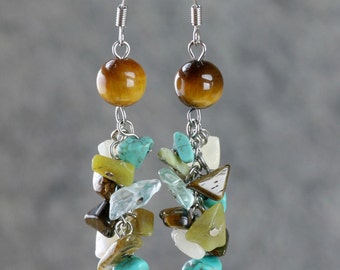 Tiger eye turquoise dangling chandelier earrings Bridesmaids gifts Free US Shipping handmade Anni Designs