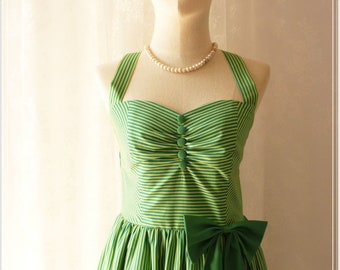 Green Dress stripe Sundress Summer Dress Party Dress Green Shade Stripe Christmas Dress Once Upon A Time -Size XS,S,M,L,Custom-