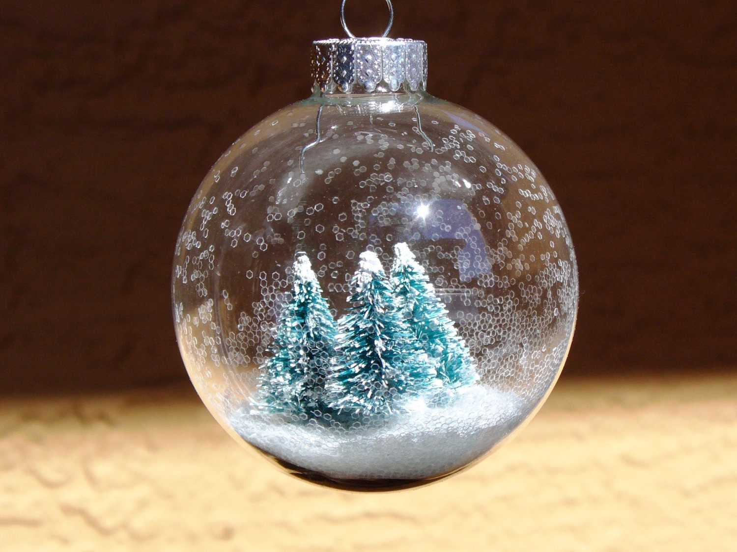 Snow globe Glass Christmas Ornament with an enchanted snowy