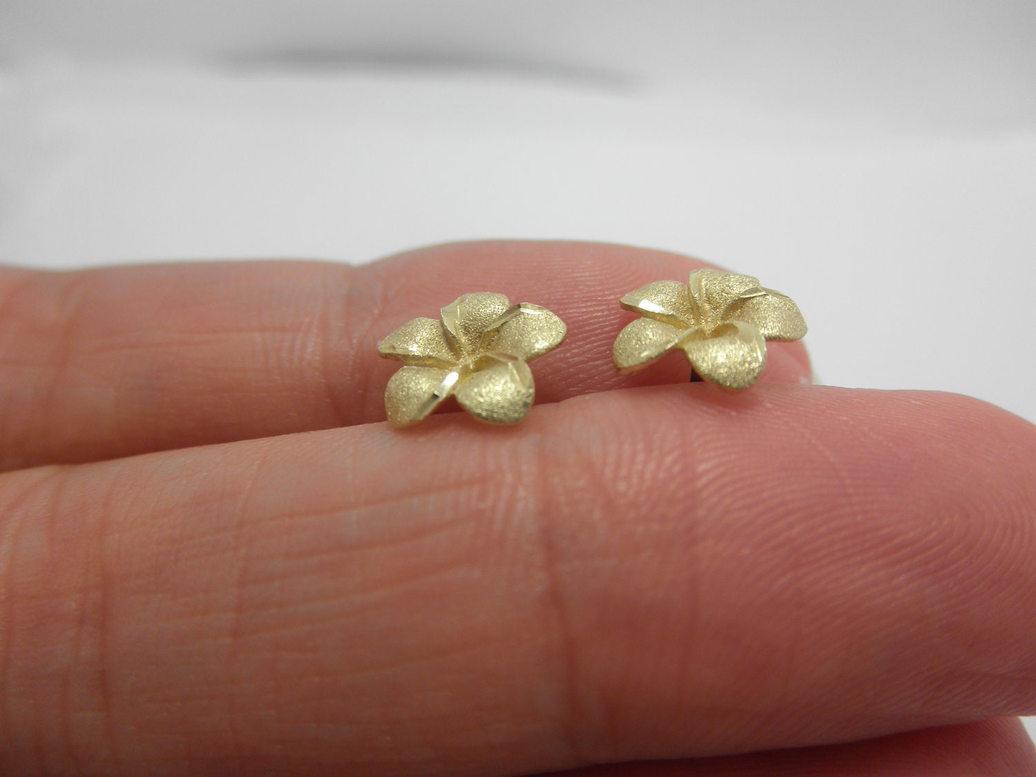 Yellow gold 14K gold plumeria flower earrings