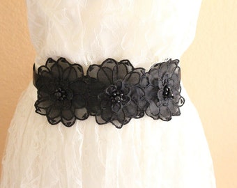 Black Beaded Flower Sash , Black Flower Headband , Black Bridal Head Piece