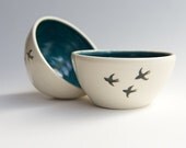 Teal Ceramic Bowl Set of 2 (MADE TO ORDER) - Black Bird design pottery by RossLab vintage-inspired romantic ceramics