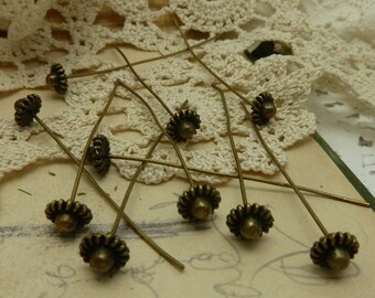 20 fancy antique brass finish jewelry making head pins