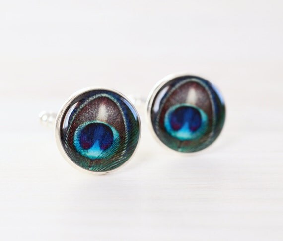 Peacock Men cufflinks - Green Cuff links for him - Peacock wedding - Bridesmaids jewelry