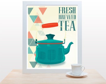 Mid Century Teapot - Fresh Brewed Tea decor wall kitchen nature modern triangle typography Nordic branches red teal green geometric yellow