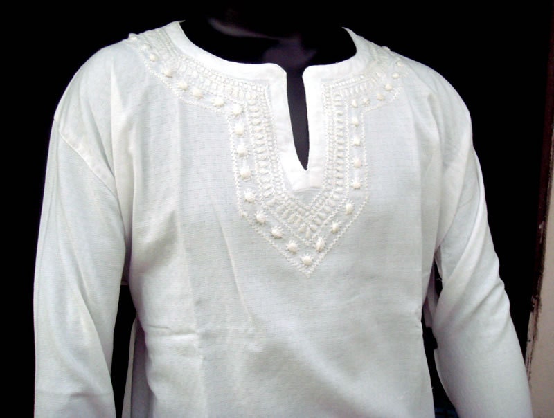  Mens Handmade White Kurta Shirt Tunic Top Cotton Chikankaari